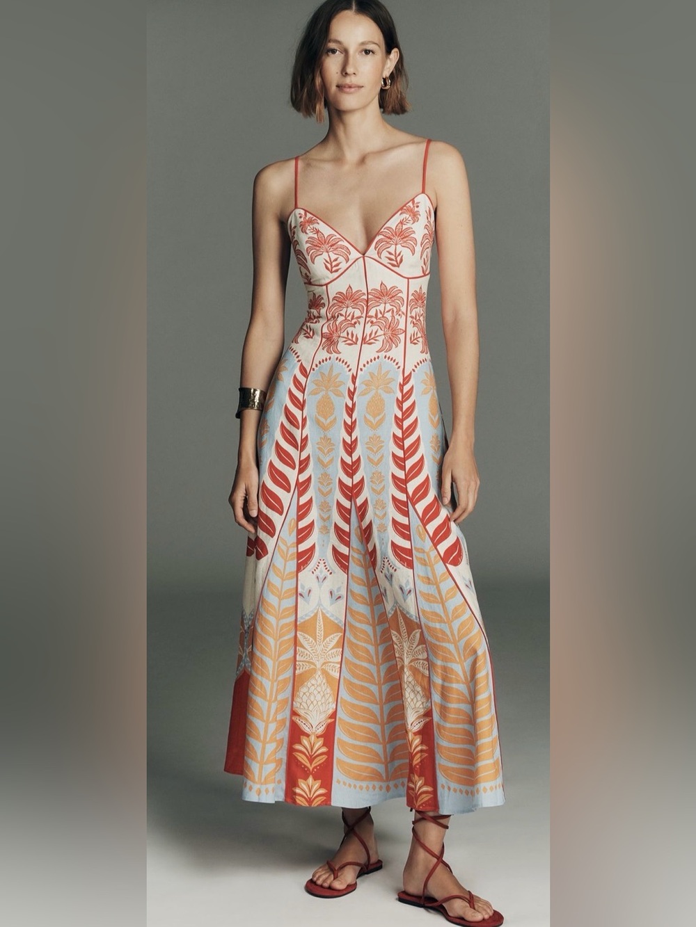 RARE FARM Rio  Botanical Midi Dress in Red, Cream & Yellow